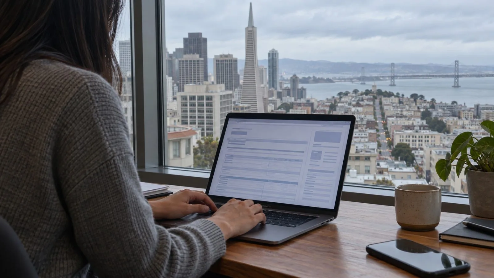 A laptop displays a blurred securities filing beside an office window in San Francisco. (AI-generated image / EconoTimes)