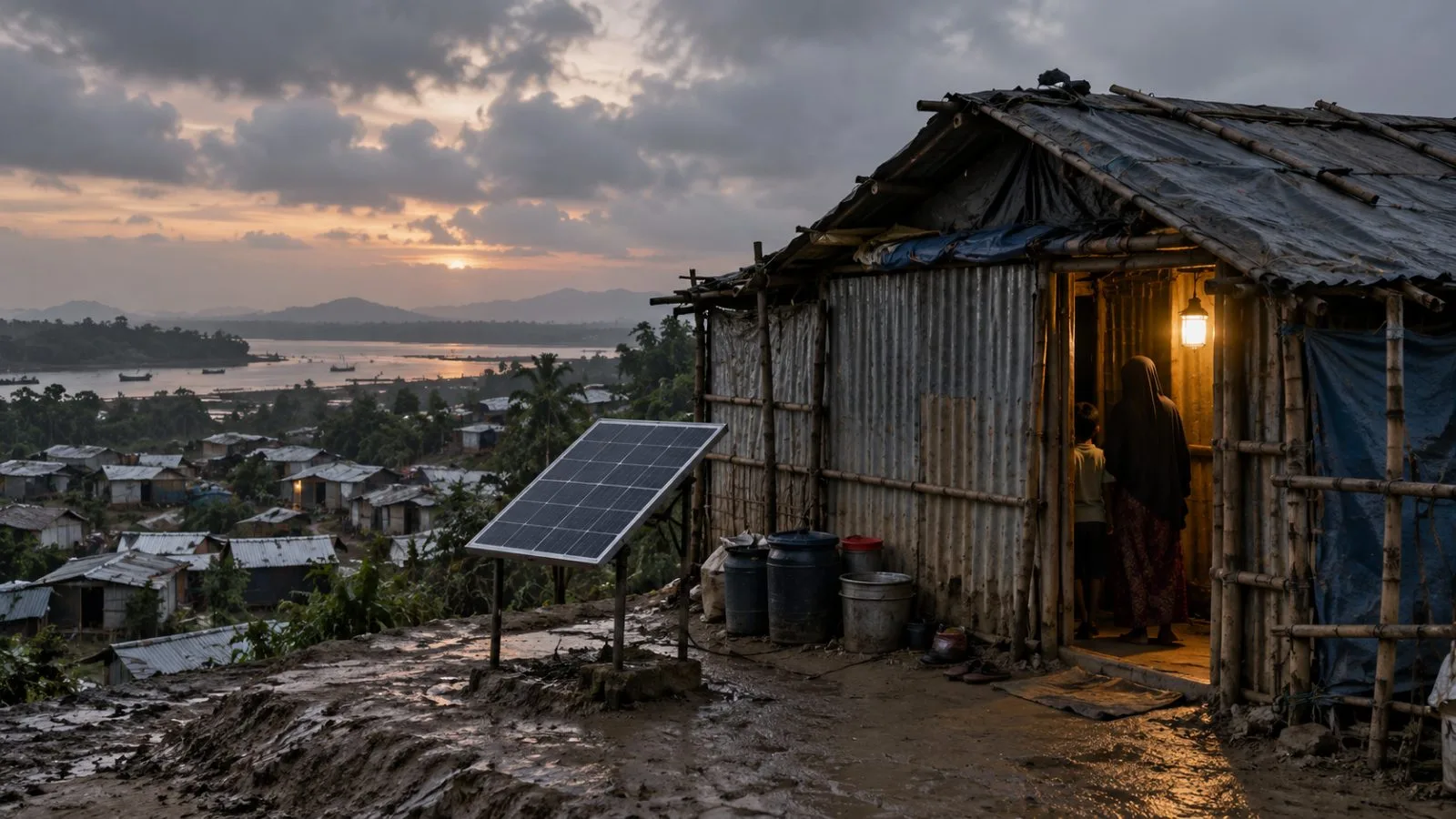 A portable solar panel stands beside a family shelter in Teknaf, Bangladesh. (AI-generated image / EconoTimes)
