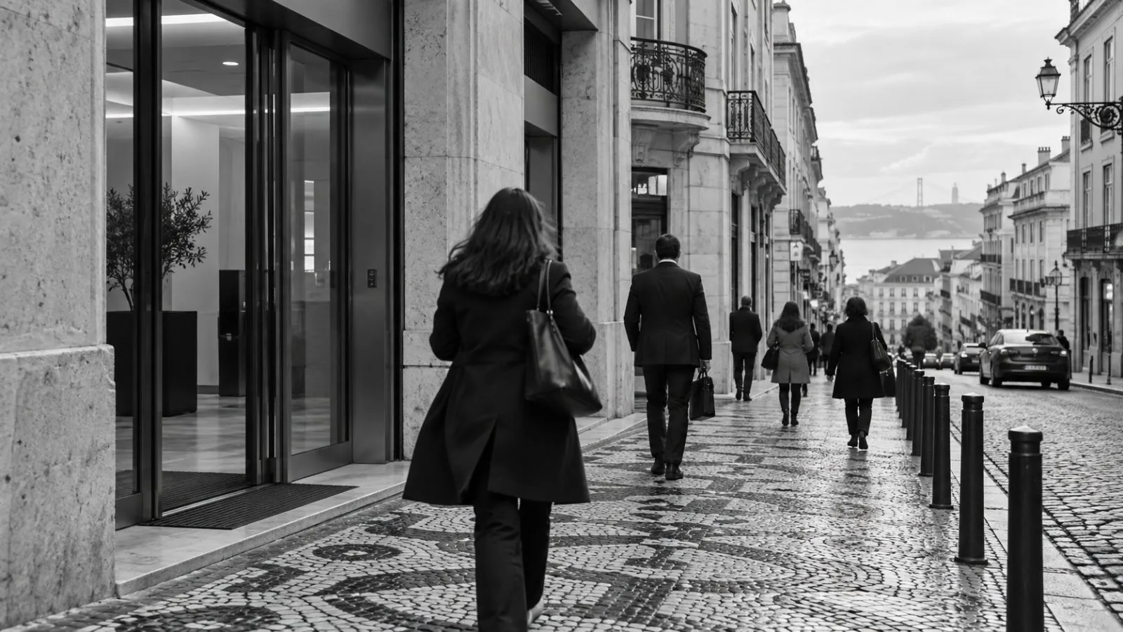 Office workers pass commercial buildings along a stone-paved business street in Lisbon, Portugal (AI-generated image / EconoTimes)