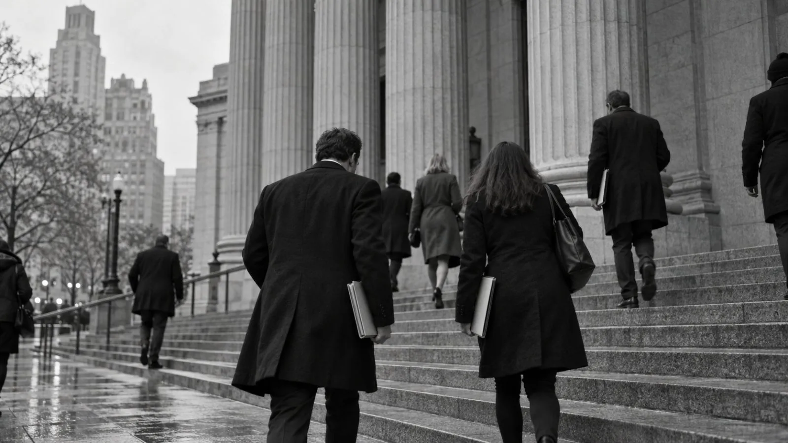 People approach a federal courthouse in Manhattan, New York, beneath a gray autumn sky. (AI-generated image / EconoTimes)