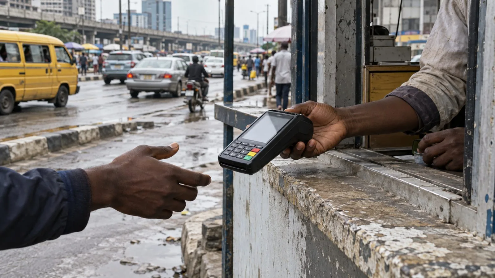 A payment kiosk operator holds a handheld terminal in Lagos, Nigeria. (AI-generated image / EconoTimes)