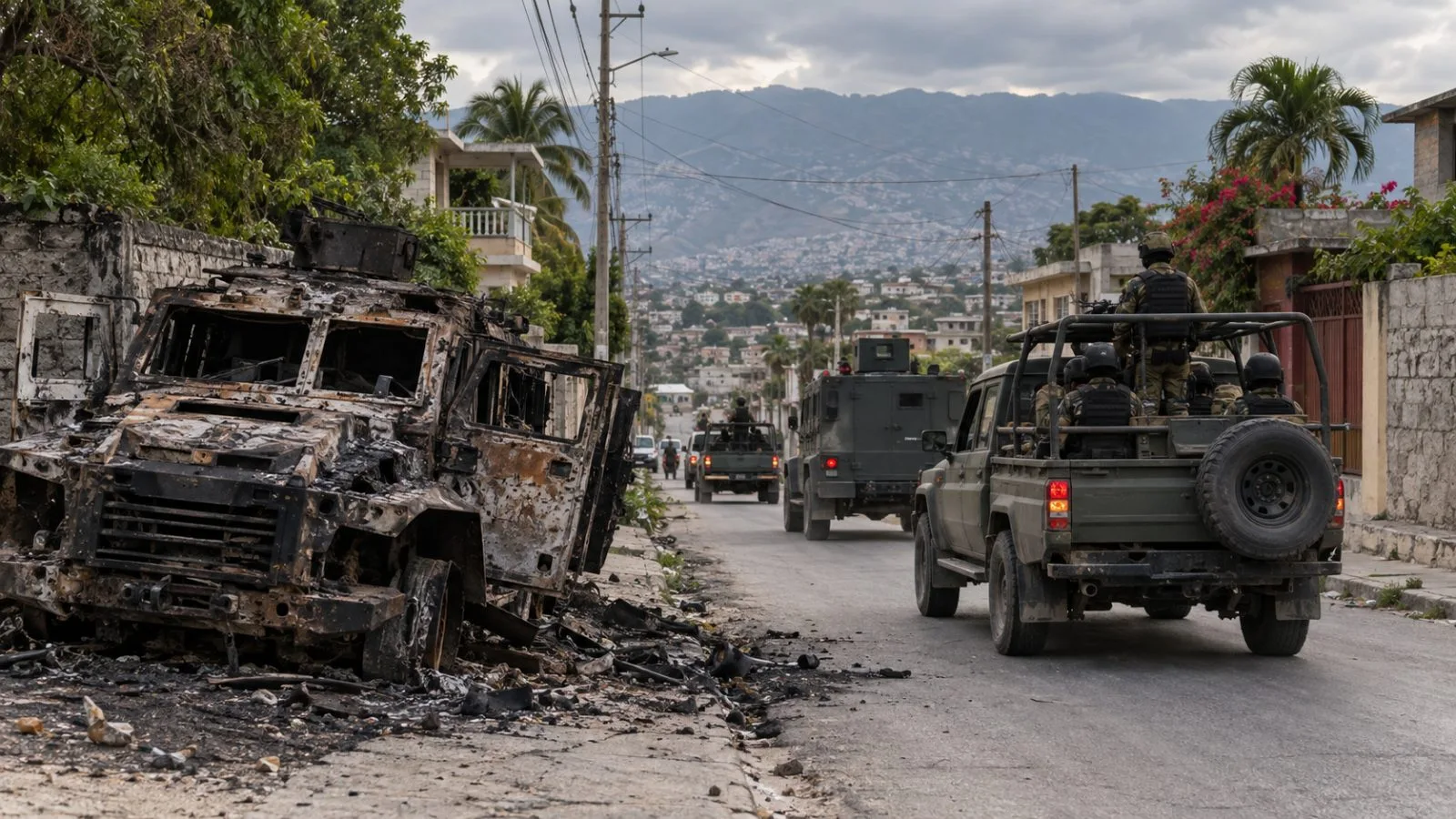 Security vehicles patrol a residential road in Croix-des-Bouquets, Port-au-Prince, Haiti (AI-generated image / EconoTimes)