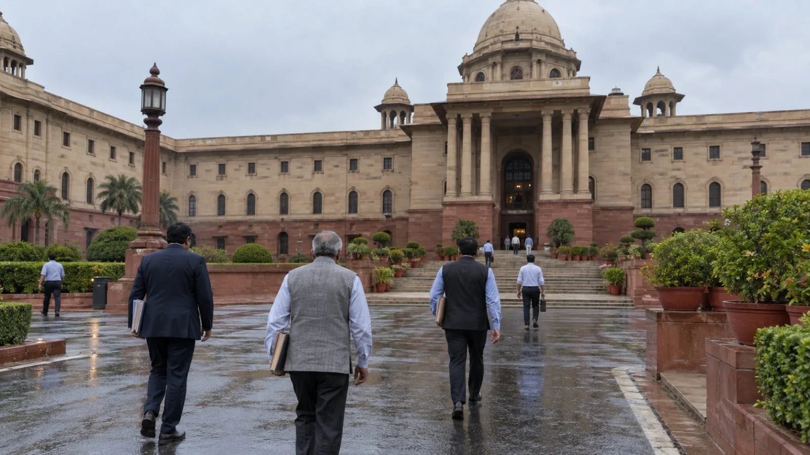 Officials arrive outside a government ministry complex in New Delhi as trade talks continue. (AI-generated image / EconoTimes)
