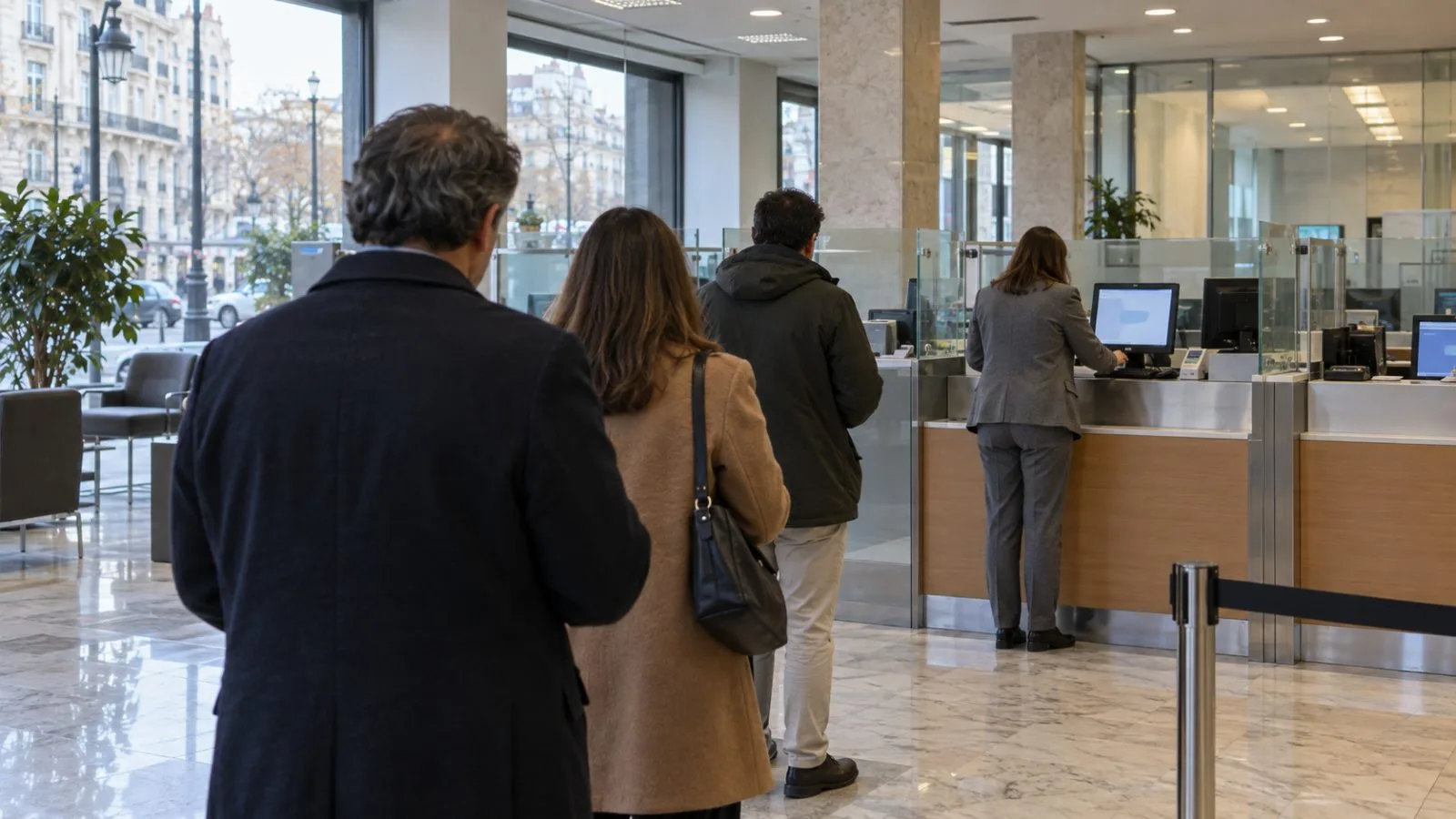A bank employee works at a customer-service terminal in Madrid, Spain. (AI-generated image / EconoTimes)