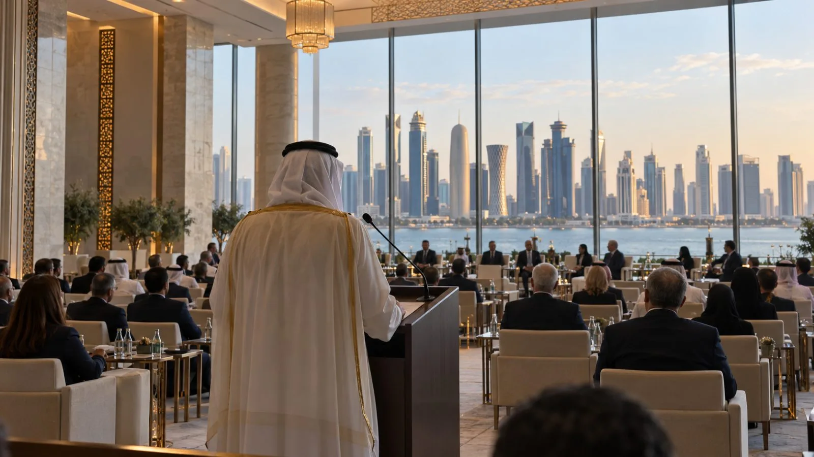 Delegates listen to a speaker inside a conference hall in Doha, Qatar. (AI-generated image / EconoTimes)