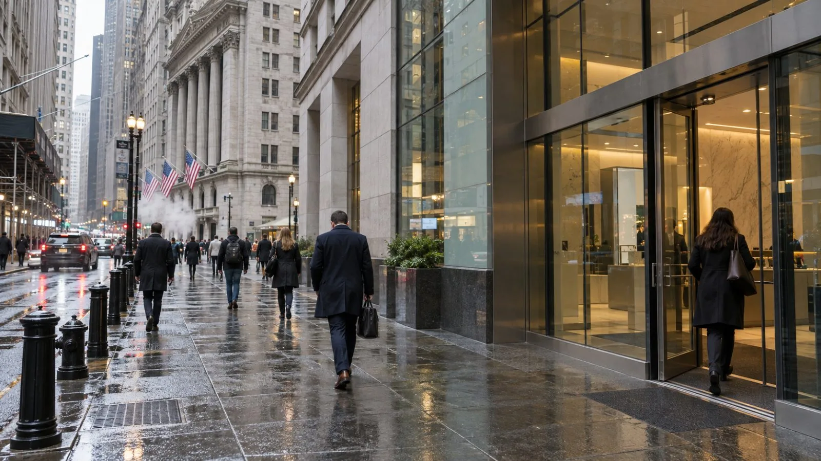 A customer enters a bank branch in Manhattan, New York, as commuters pass on a wet morning. (AI-generated image / EconoTimes)