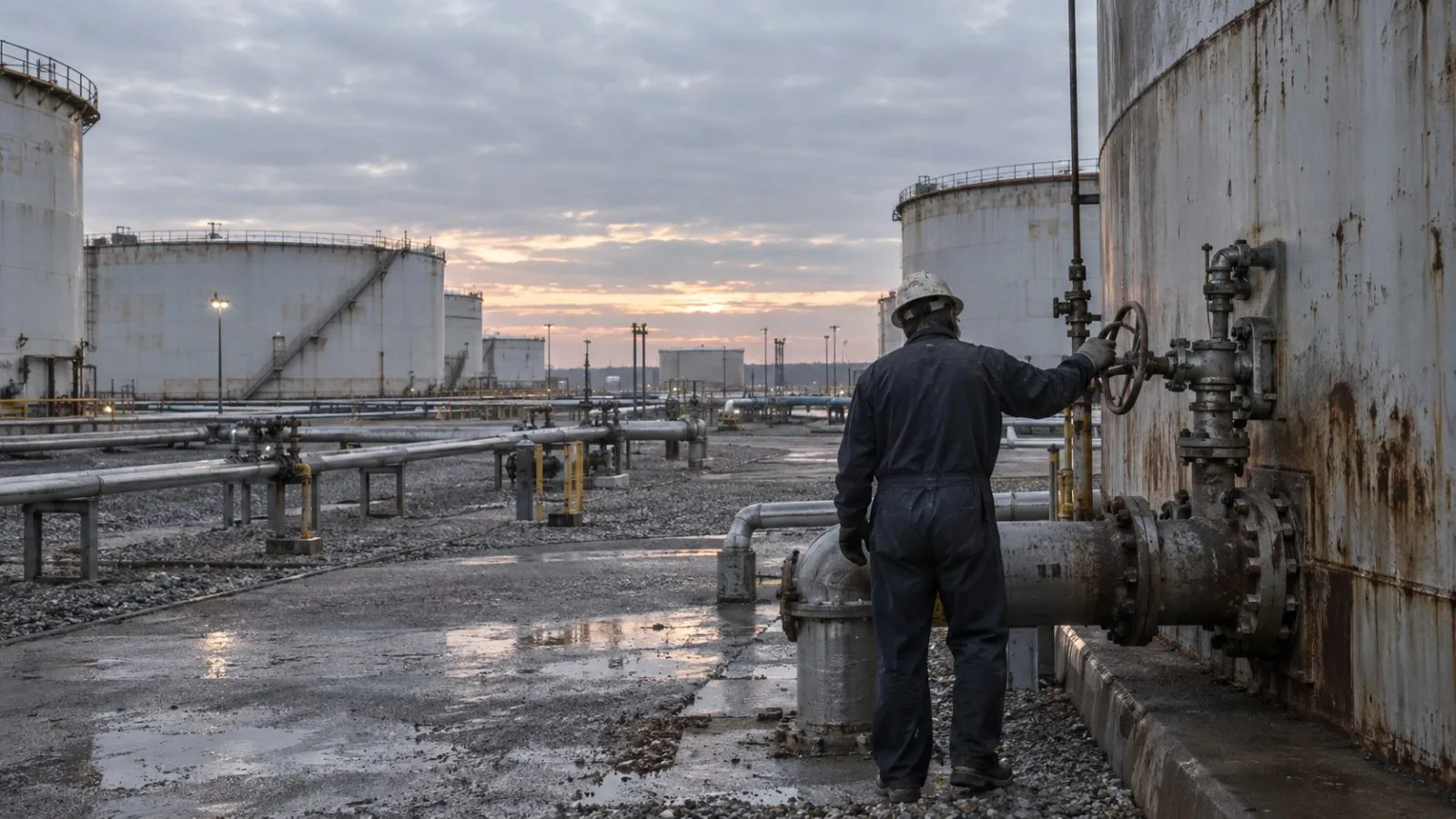 A worker inspects a storage-tank valve at a crude terminal in Cushing, Oklahoma. (AI-generated image / EconoTimes)