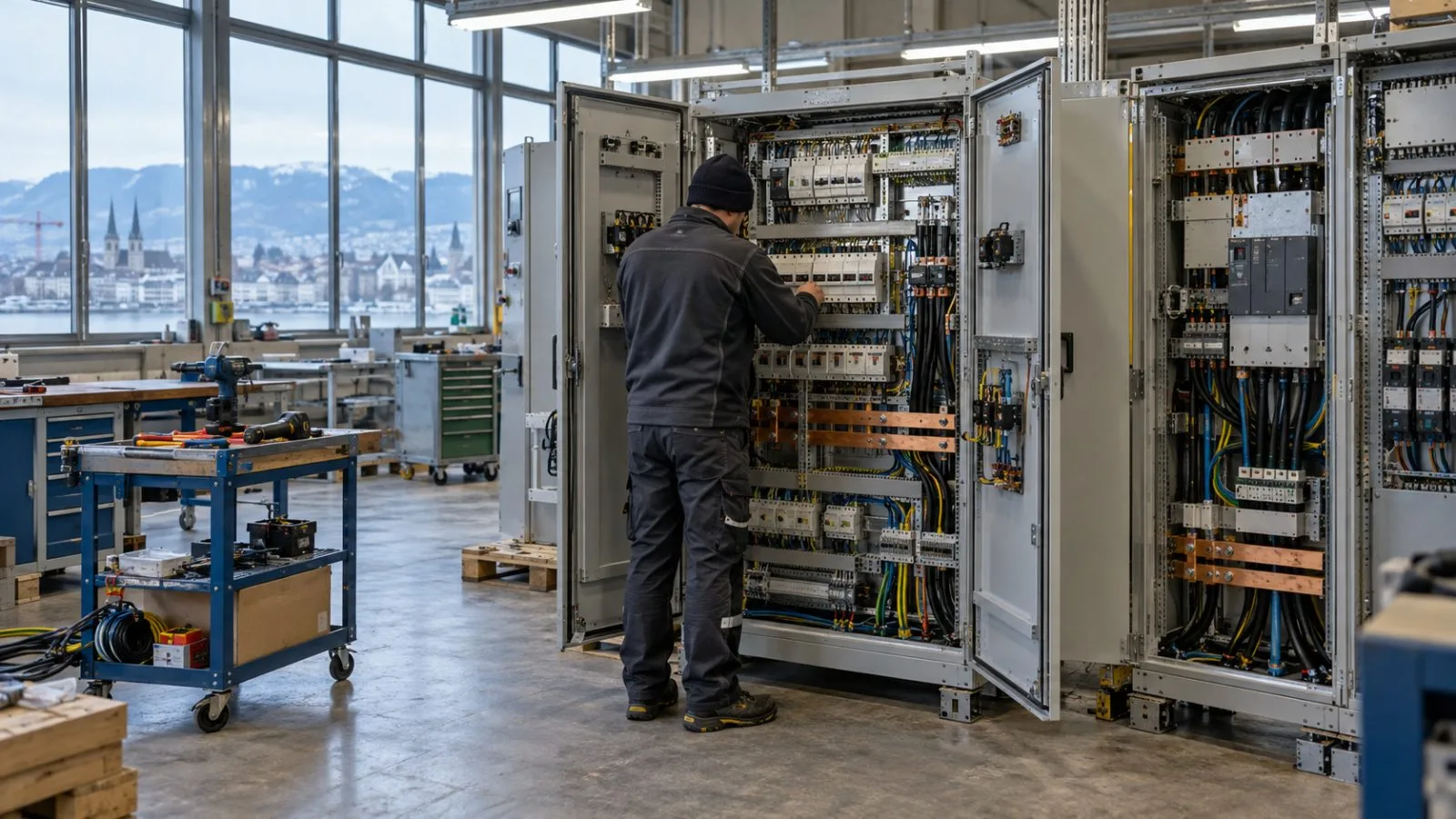 A technician inspects power distribution cabinets at an electrical-equipment facility in Zurich, Switzerland. (AI-generated image / EconoTimes)