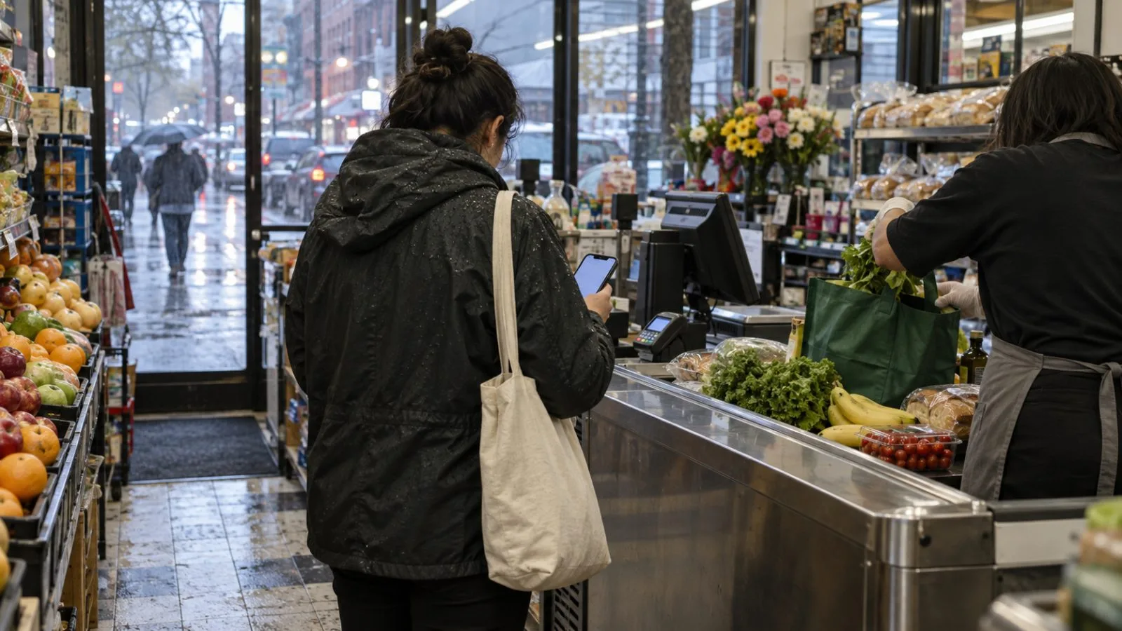 A shopper checks a mobile order at a grocery checkout in Manhattan, New York. (AI-generated image / EconoTimes)