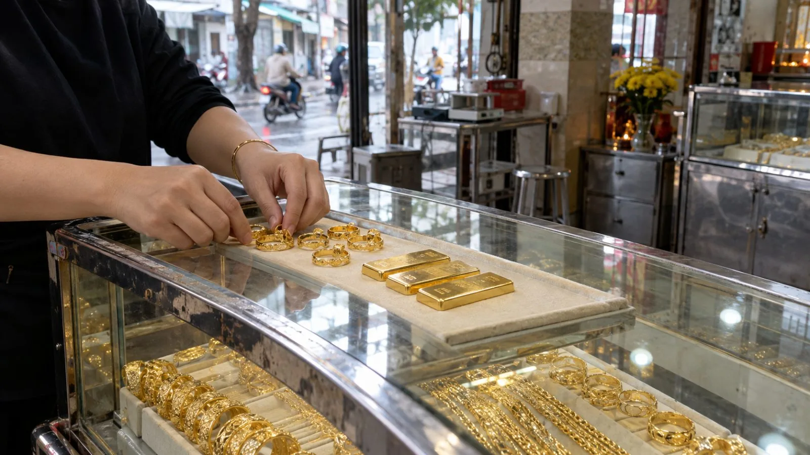 Gold rings sit in a Ho Chi Minh City jewelry shop display case. (AI-generated image / EconoTimes)