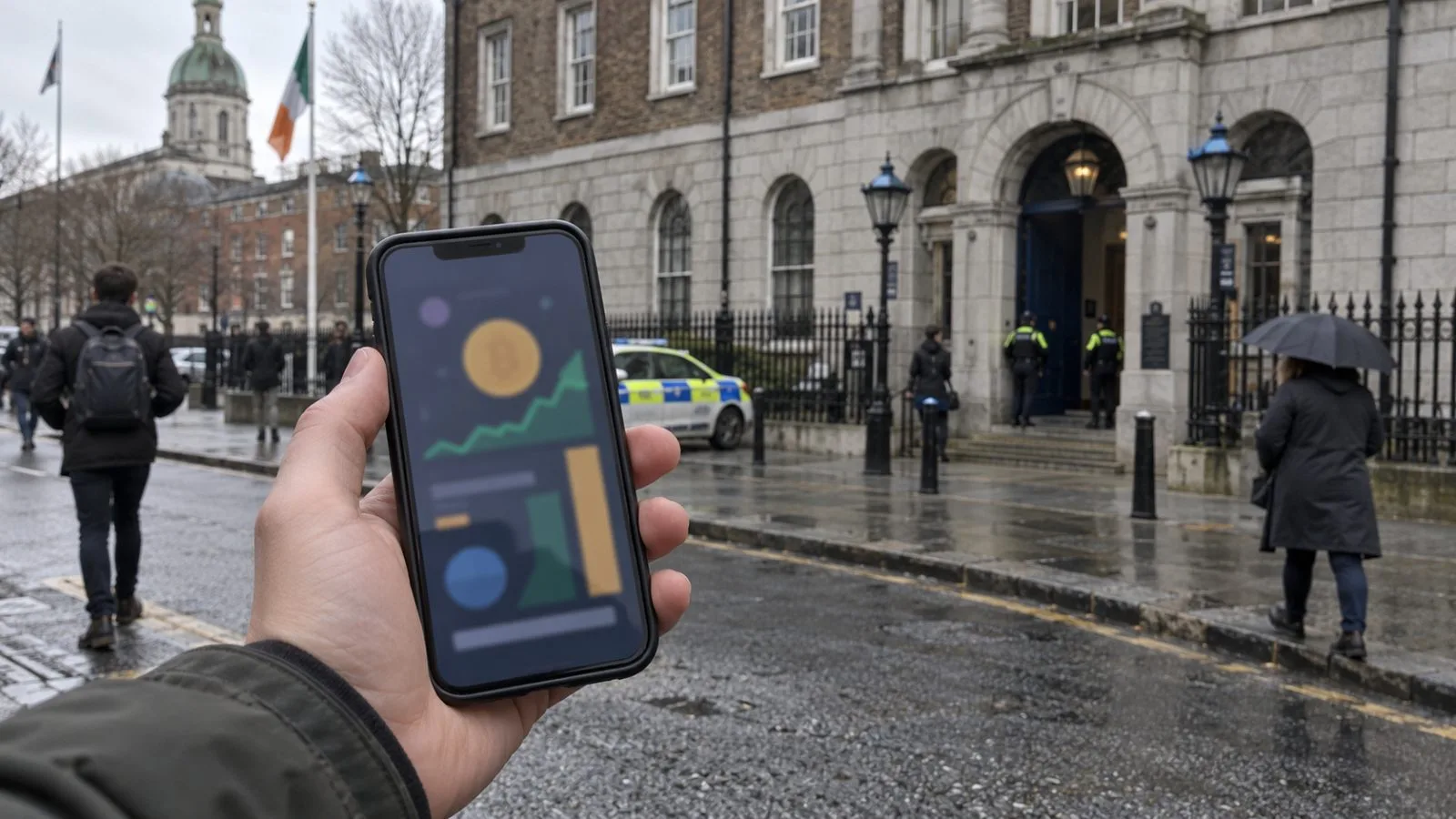 A hand holds a phone beside a police station on a Dublin street. (AI-generated image / EconoTimes)