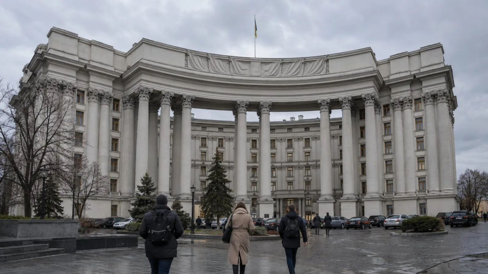 Pedestrians pass the Ukrainian Foreign Ministry building in Kyiv under overcast skies. (AI-generated image / EconoTimes)