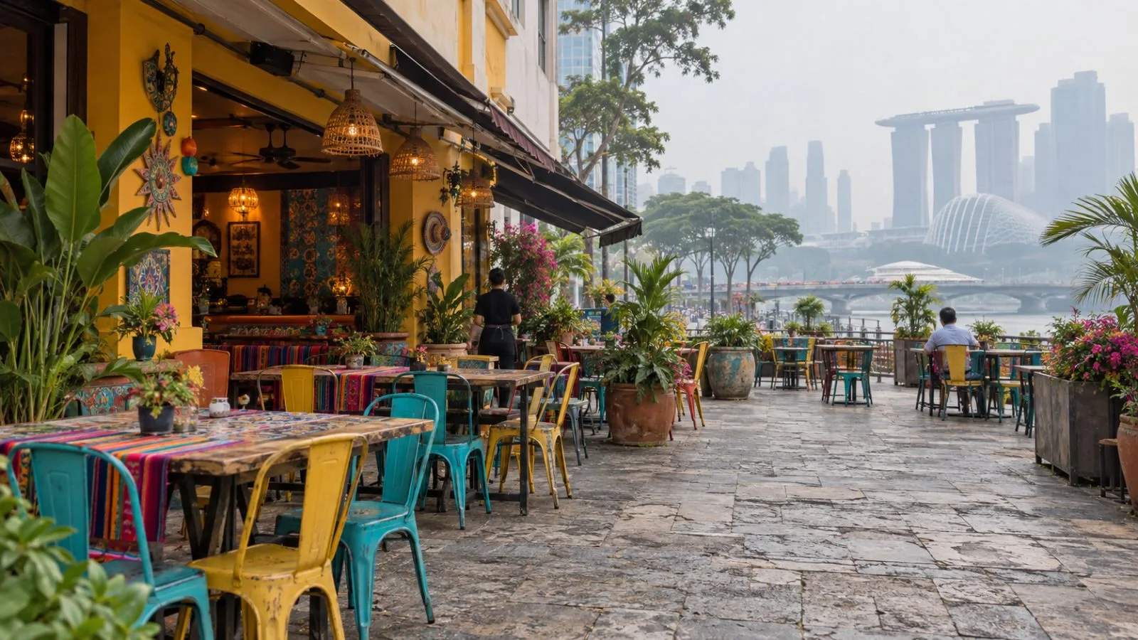 Outdoor tables sit mostly empty at Chimi’s Especial in hazy Singapore. (AI-generated image / EconoTimes)