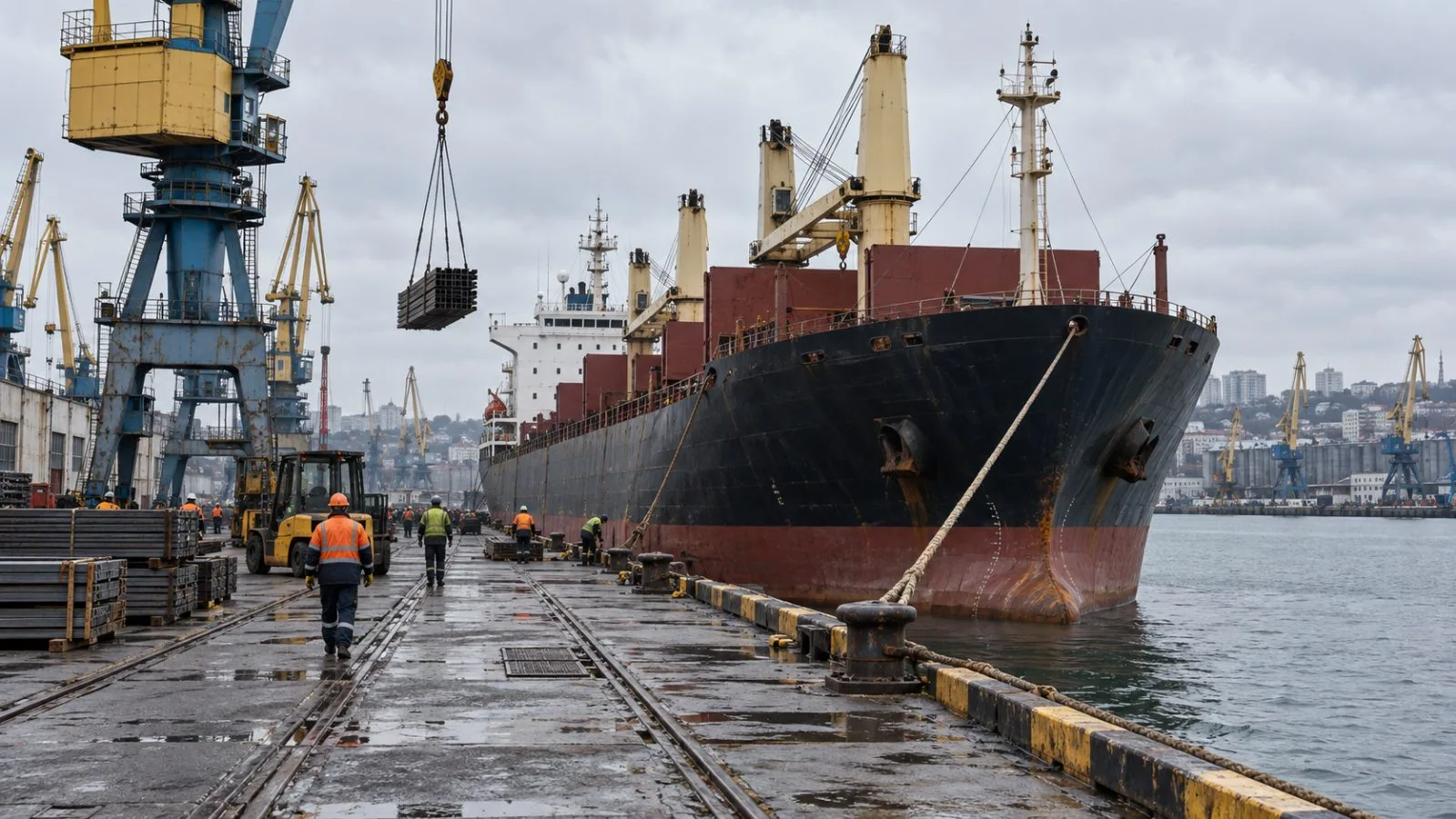 A cargo vessel lies alongside loading cranes at the Port of Odesa, Ukraine. (AI-generated image / EconoTimes)