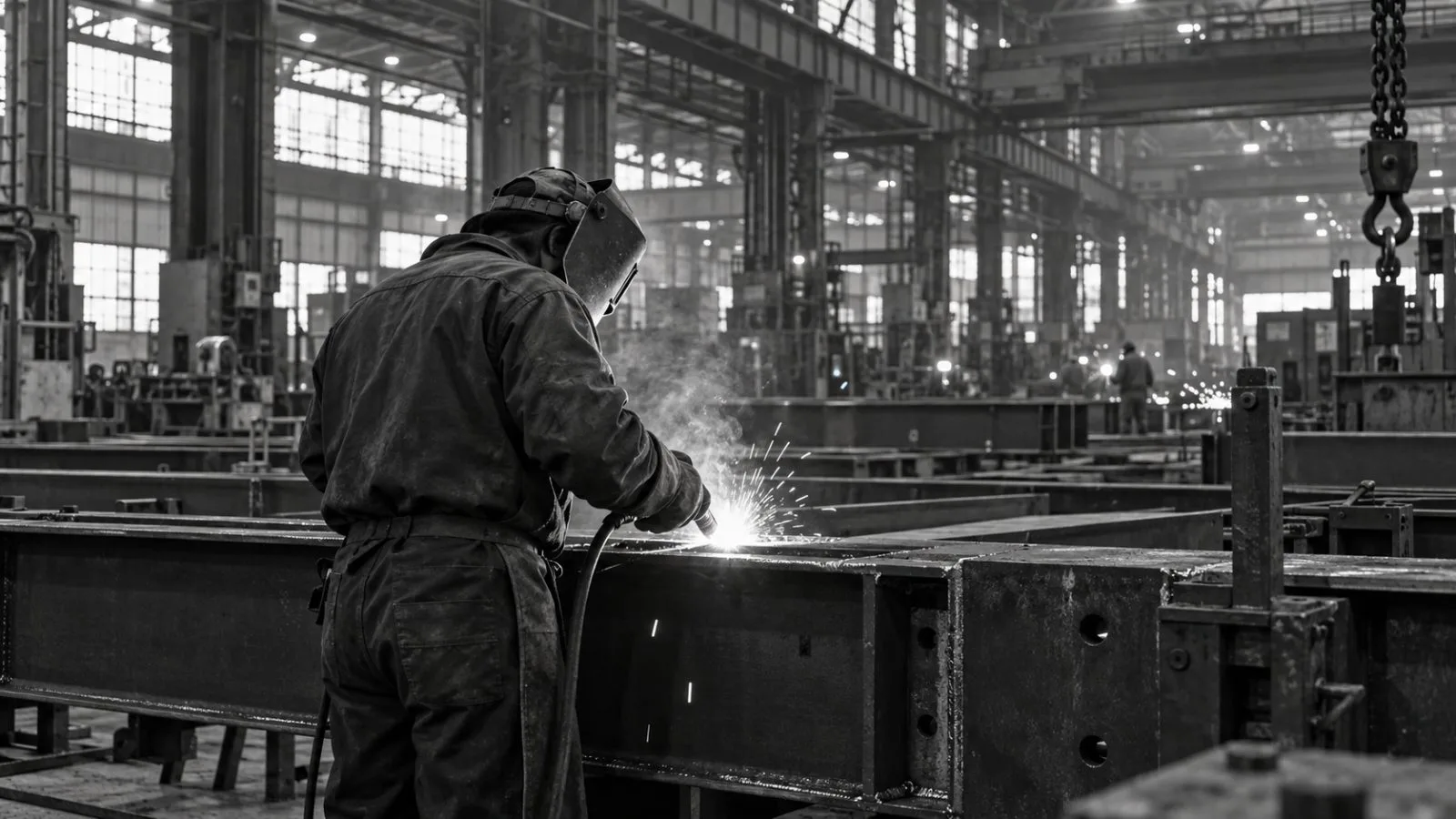 A worker guides a welding torch along a steel assembly inside a Cleveland, Ohio factory. (AI-generated image / EconoTimes)