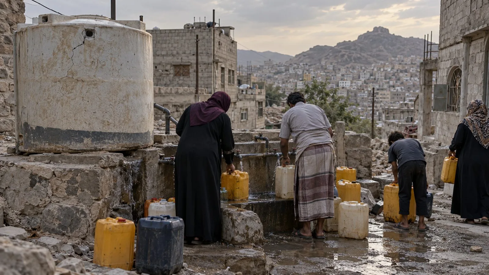Residents fill plastic jerrycans at a neighborhood water point in Ta’iz, Yemen. (AI-generated image / EconoTimes)