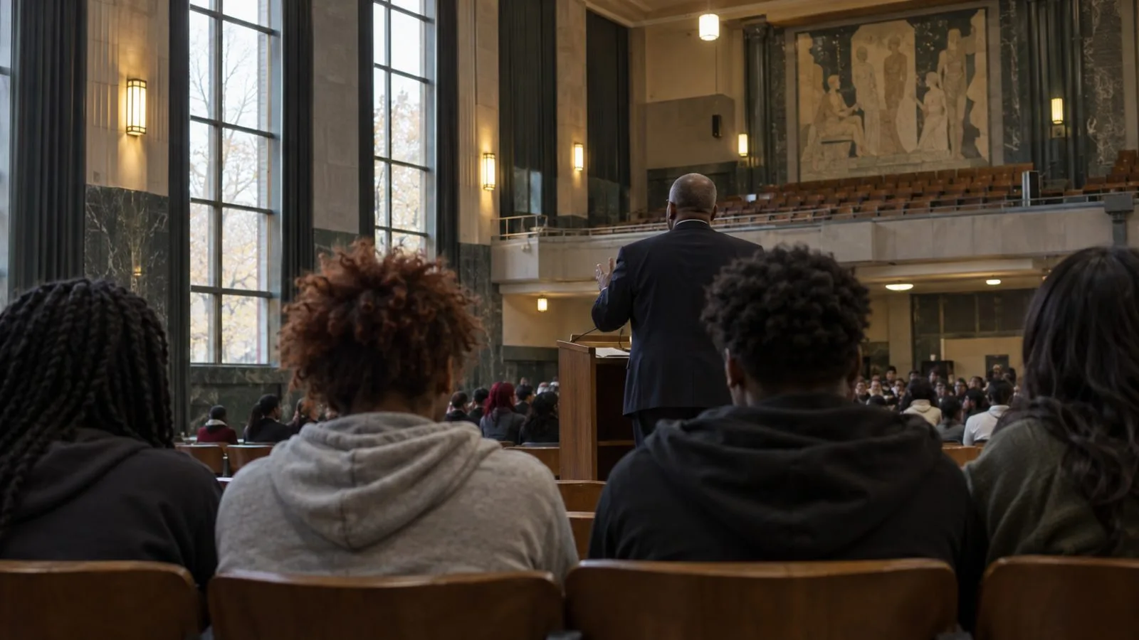 Rally attendees face a speaker at Cass Technical High School in Detroit, Michigan. (AI-generated image / EconoTimes)
