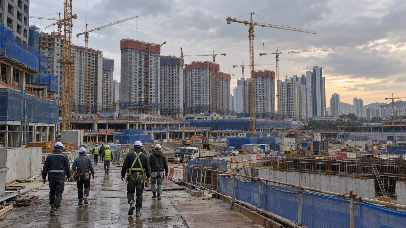 Workers pass apartment blocks under construction in Incheon's Gyeyang public housing district. (AI-generated image / EconoTimes)