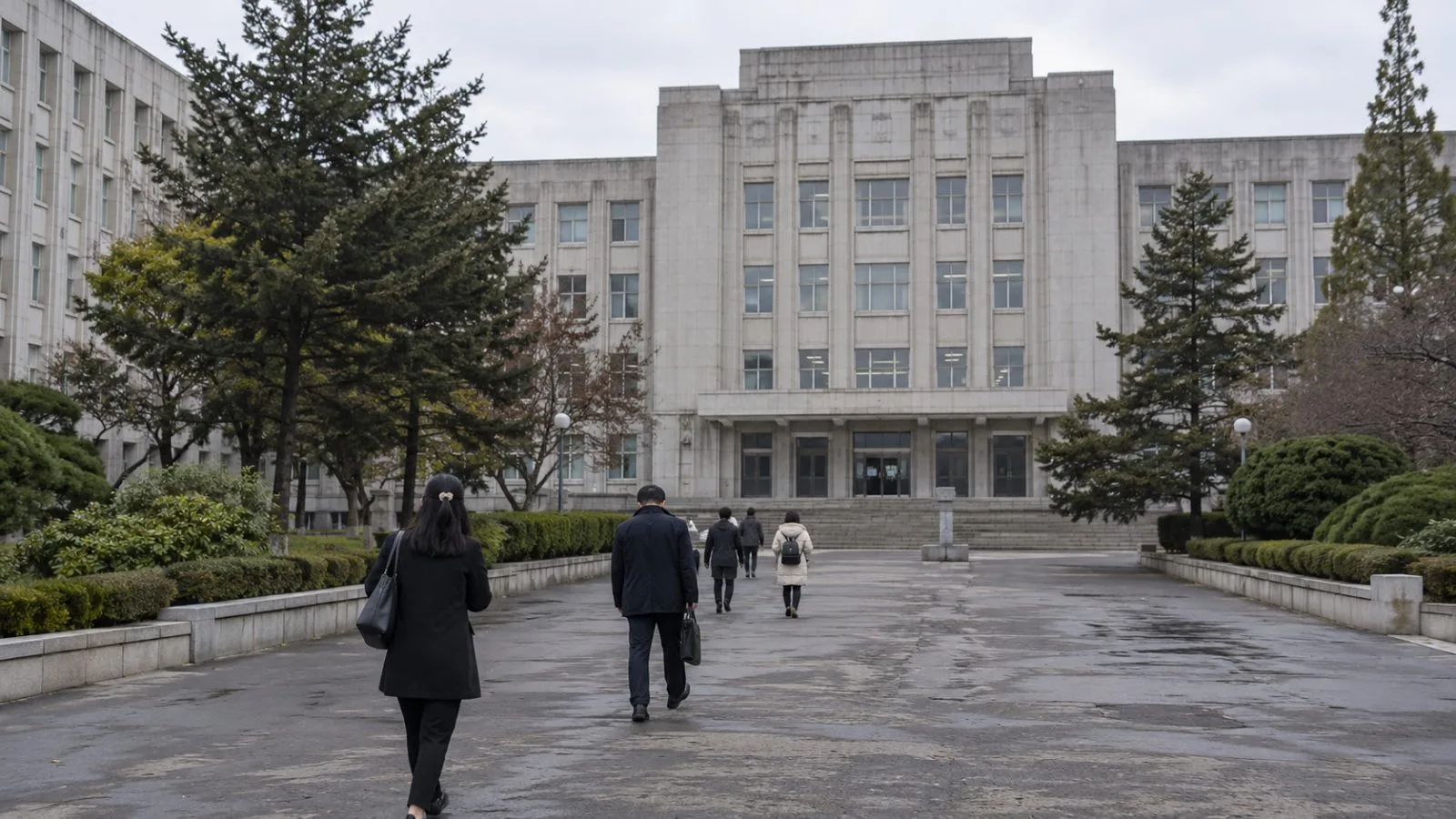 Visitors walk toward a university building in Pyongyang, North Korea. (AI-generated image / EconoTimes)