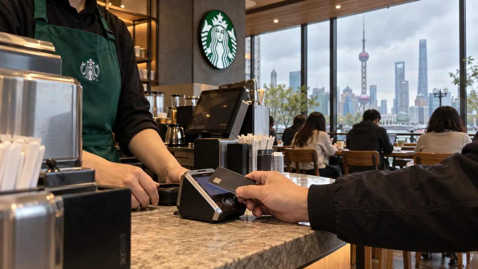 A customer pays at the counter as patrons sit inside a coffee shop in Shanghai, China. / EconoTimes.ai