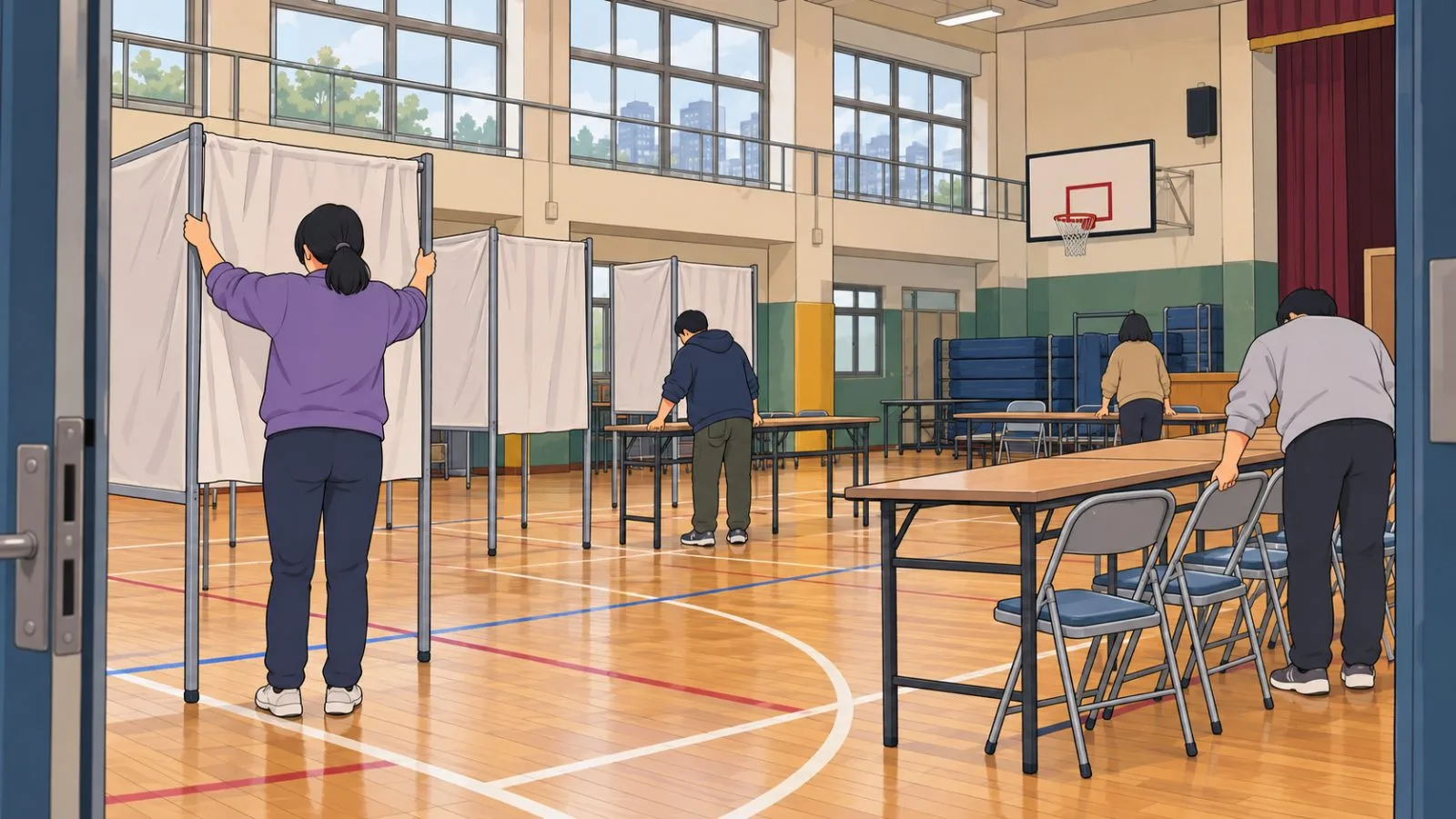 Election workers prepare polling station tables inside a public school gym in Taipei, Taiwan. (AI-generated image / EconoTimes)