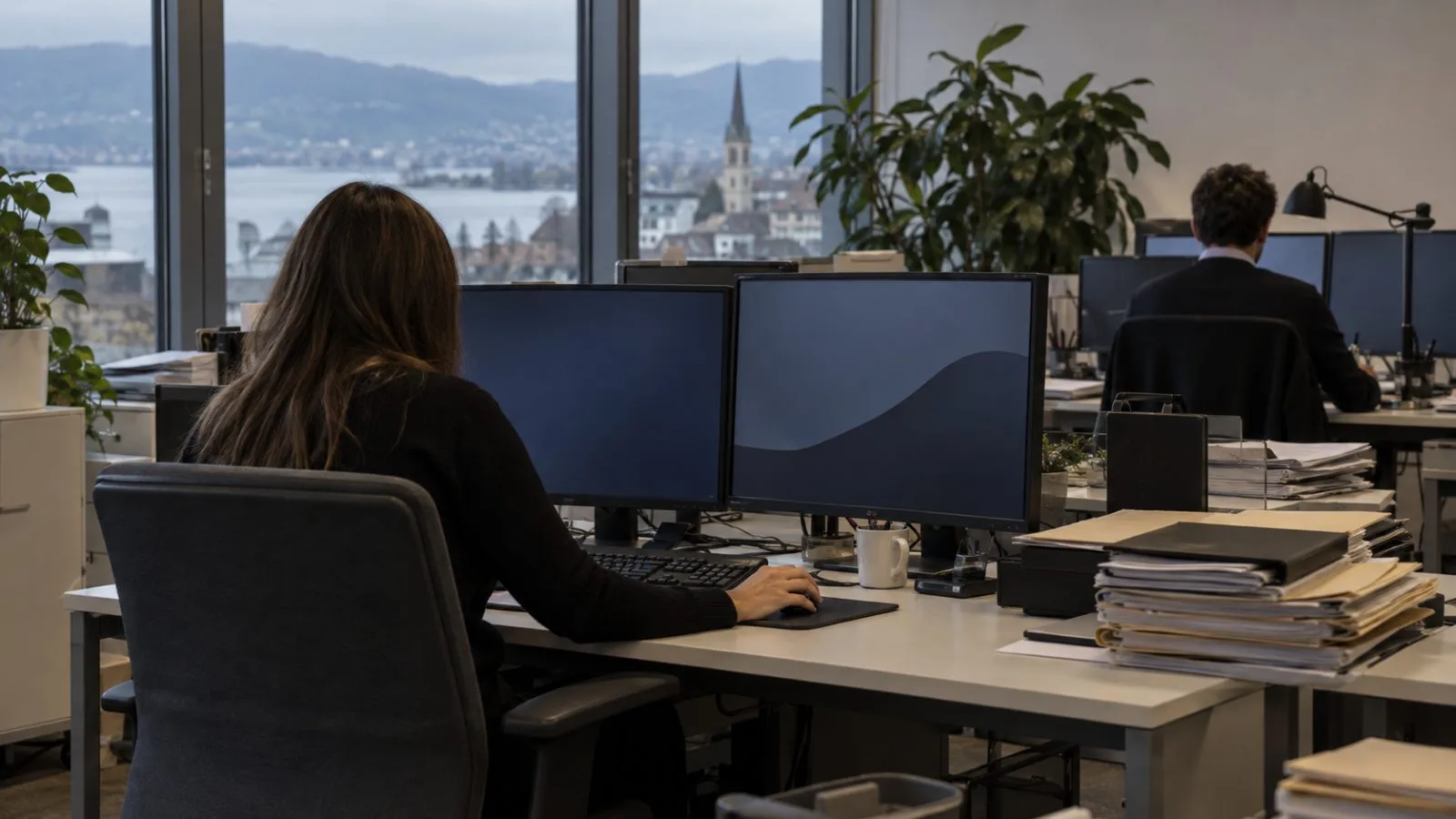 A payment operations worker reviews an international transfer in an office in Zug, Switzerland. (AI-generated image / EconoTimes)
