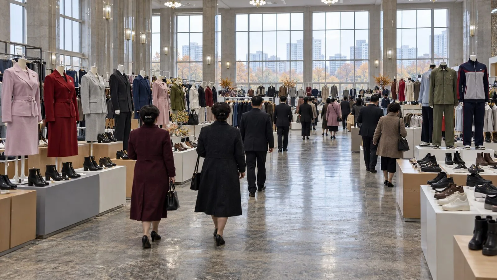 Garments and footwear are displayed at an exhibition hall in Pyongyang, North Korea (AI-generated image / EconoTimes)