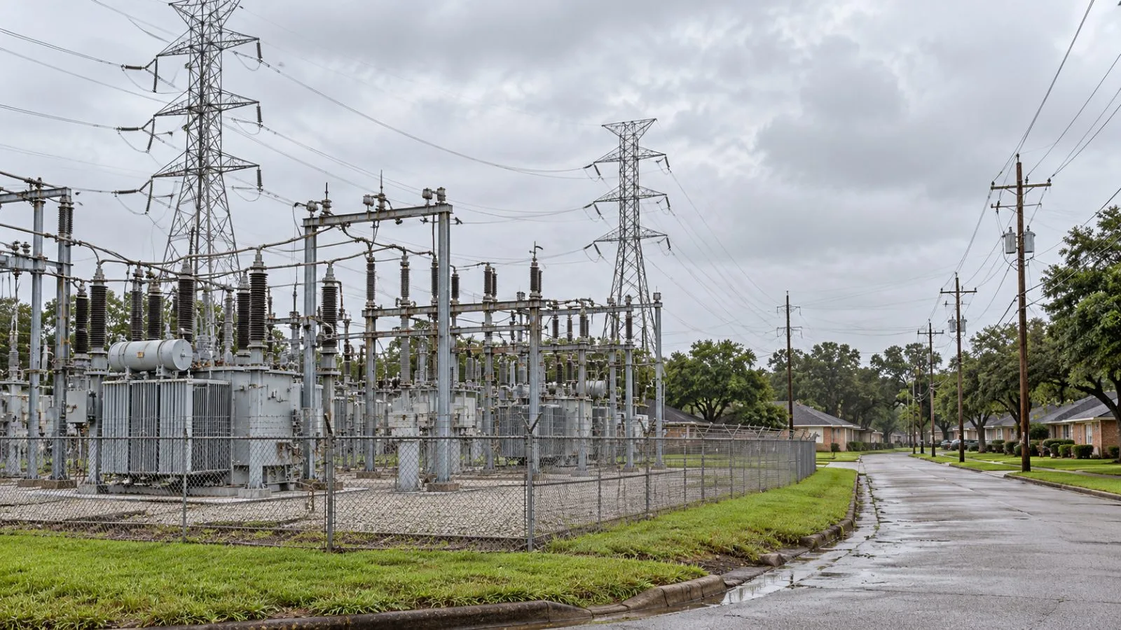 Transmission lines feed an electrical substation in Greater Houston beneath an overcast morning sky / EconoTimes.ai