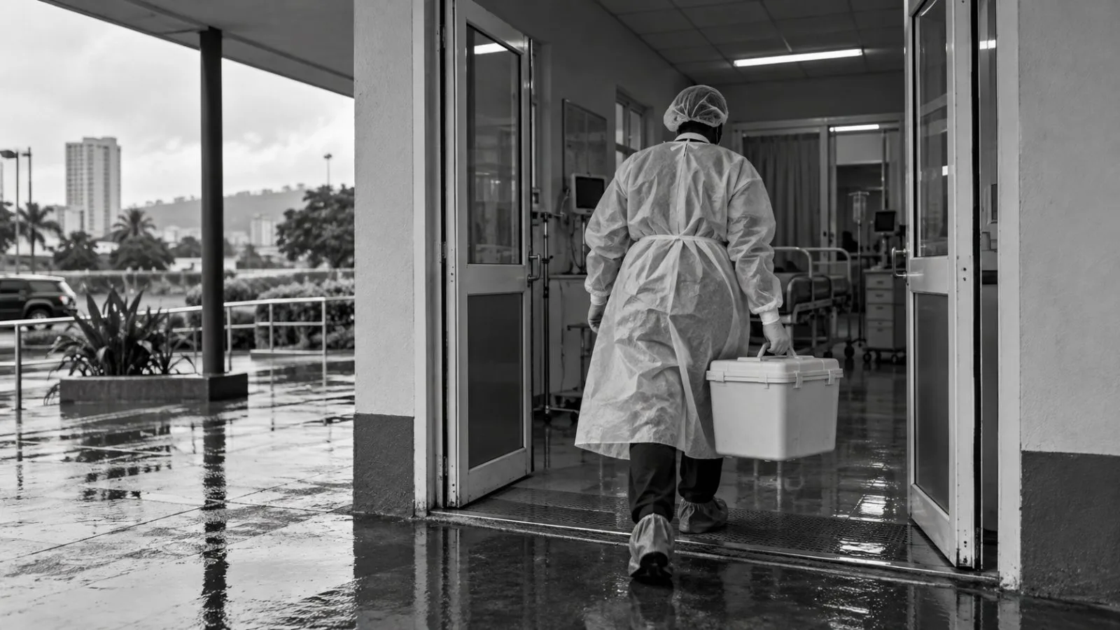 A health worker carries medical supplies into a hospital isolation area in Abuja, Nigeria. (AI-generated image / EconoTimes)