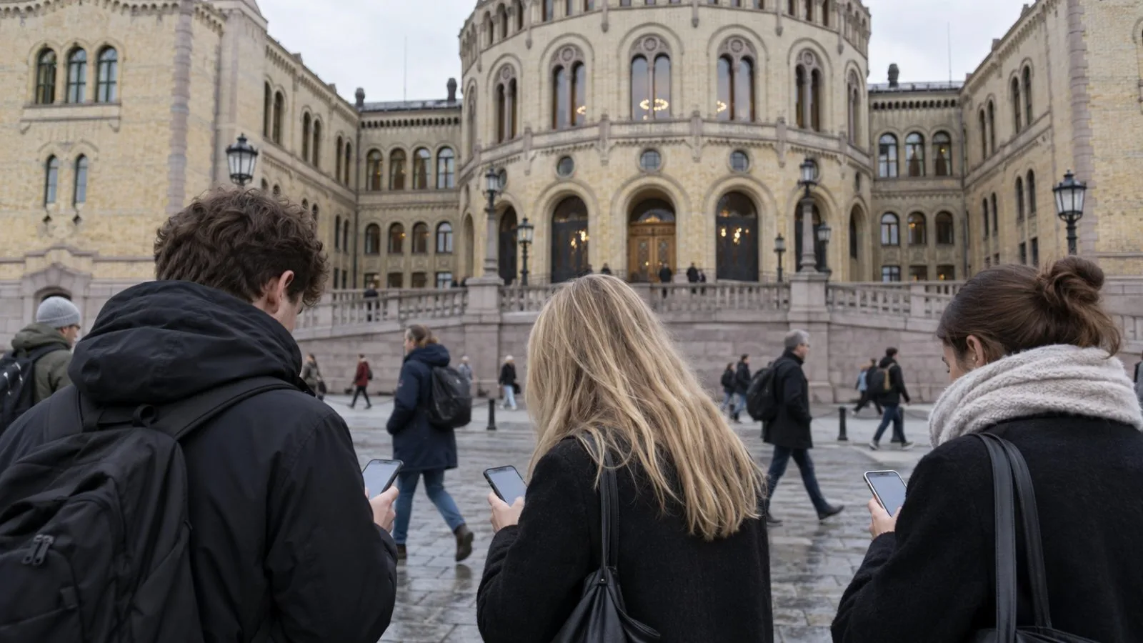 Young people check phones outside the Storting parliament building in Oslo, Norway. (AI-generated image / EconoTimes)