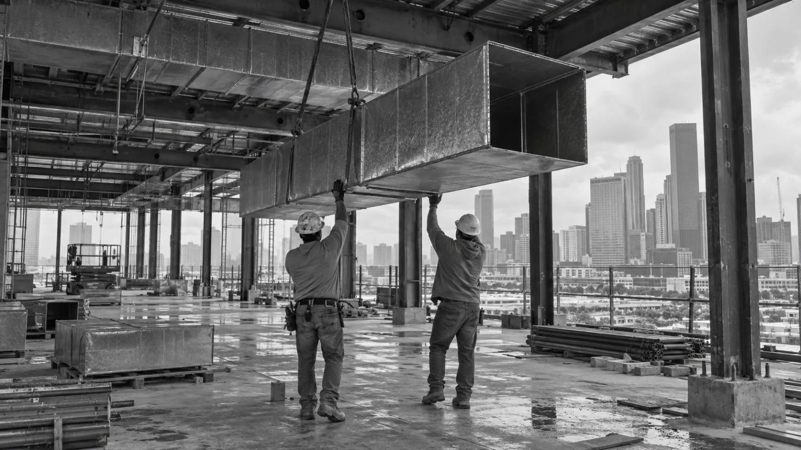 Workers guide a ventilation duct into place at a commercial construction site in Houston, Texas. (AI-generated image / EconoTimes)