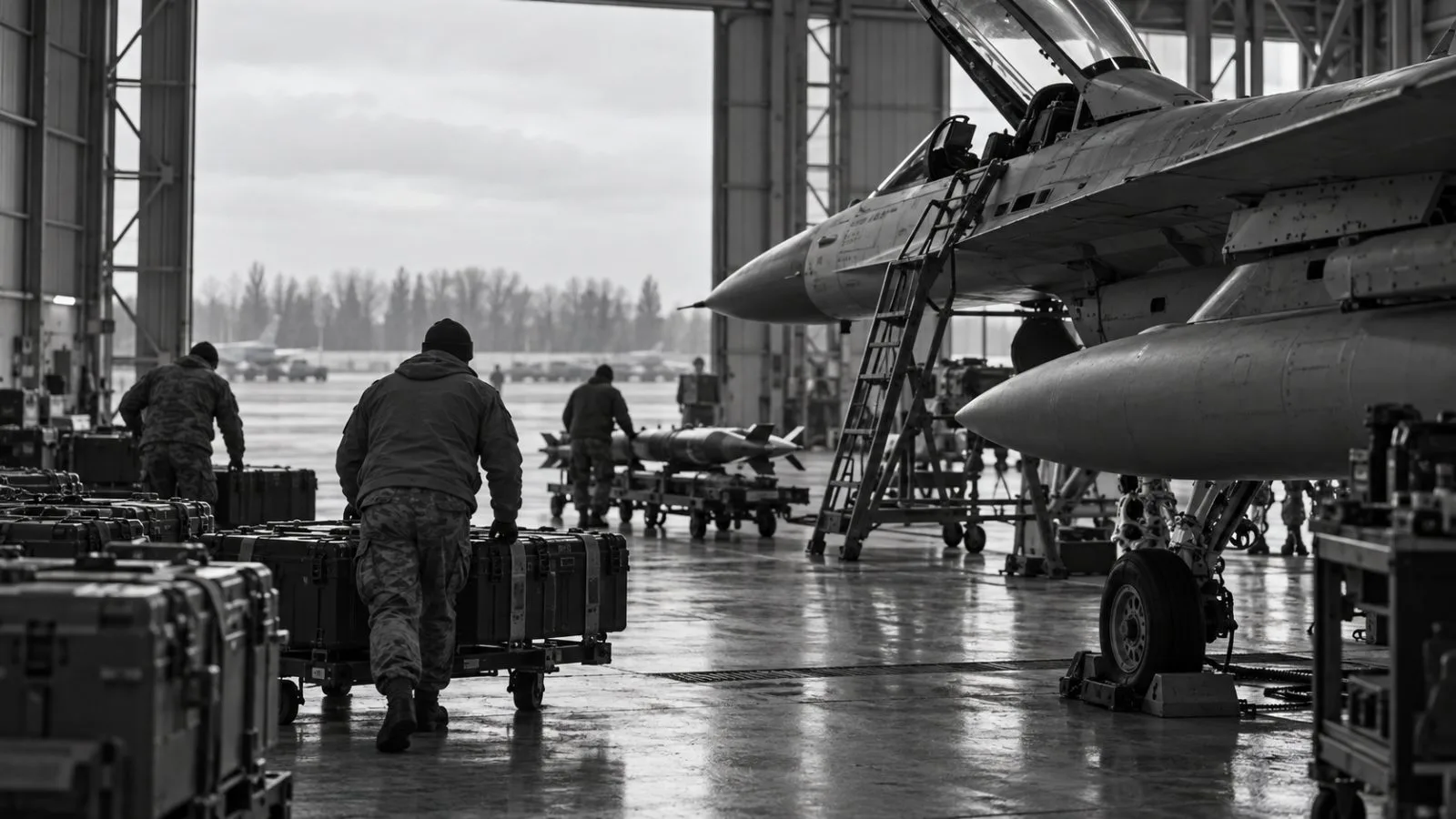 Ground crew move ammunition cases inside a Ukrainian Air Force hangar in Kyiv, Ukraine. (AI-generated image / EconoTimes)