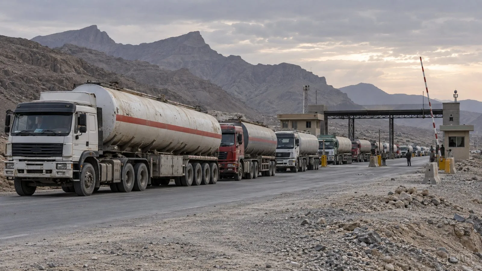 LPG tanker trucks queue at the Gabd-Rimdan crossing in Balochistan, Pakistan. (AI-generated image / EconoTimes)