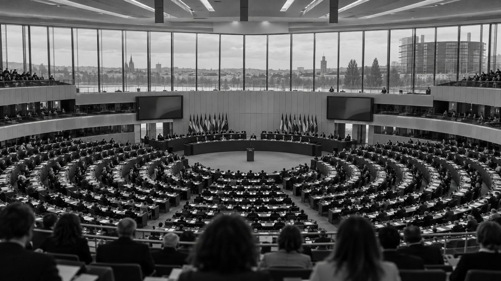 Attendees sit in the European Parliament chamber in Strasbourg, France, during a debate. (AI-generated image / EconoTimes)