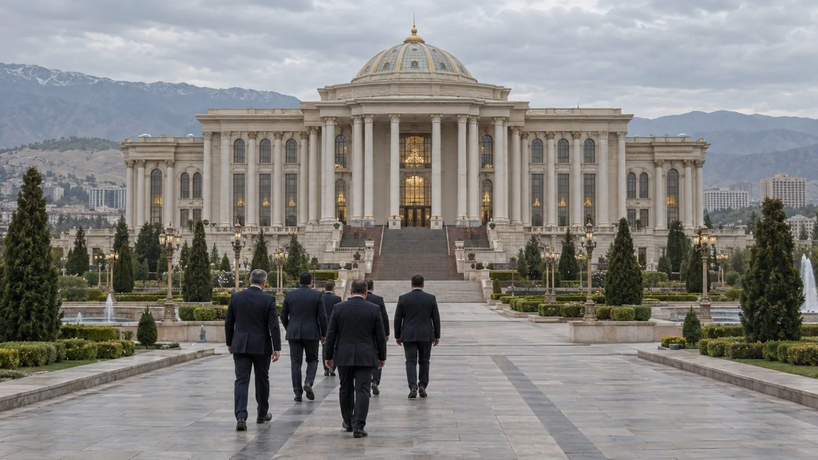 Officials approach the Palace of the Nation in Dushanbe, Tajikistan. (AI-generated image / EconoTimes)
