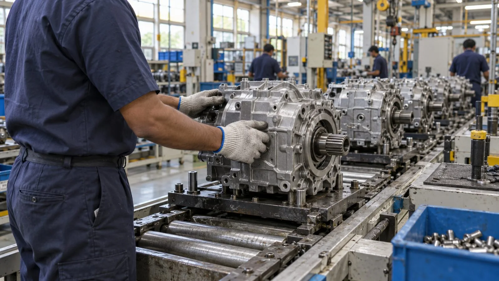 A worker inspects a mechanical gearbox on an assembly line at a Pune factory in India. (AI-generated image / EconoTimes)