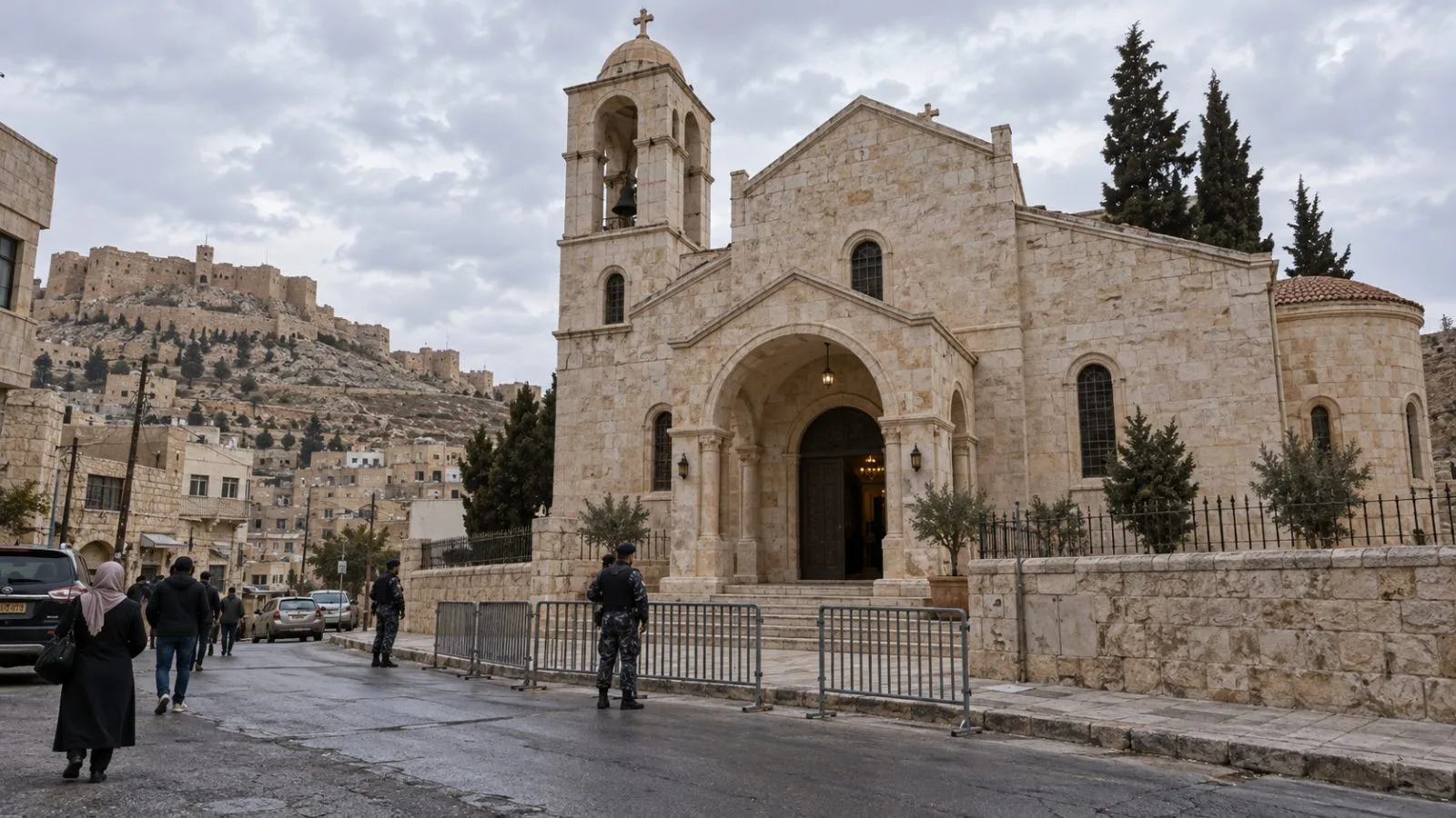 The entrance of a Greek Orthodox church in Karak, Jordan, after a deadly shooting. (AI-generated image / EconoTimes)