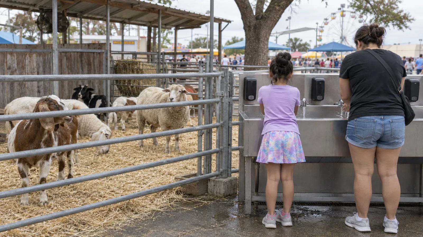 Visitors wash their hands beside an animal pen at the State Fair of Texas in Dallas (AI-generated image / EconoTimes)