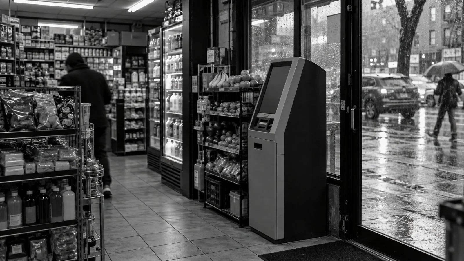 A cryptocurrency kiosk stands inside a neighborhood convenience store in Queens, New York. (AI-generated image / EconoTimes)