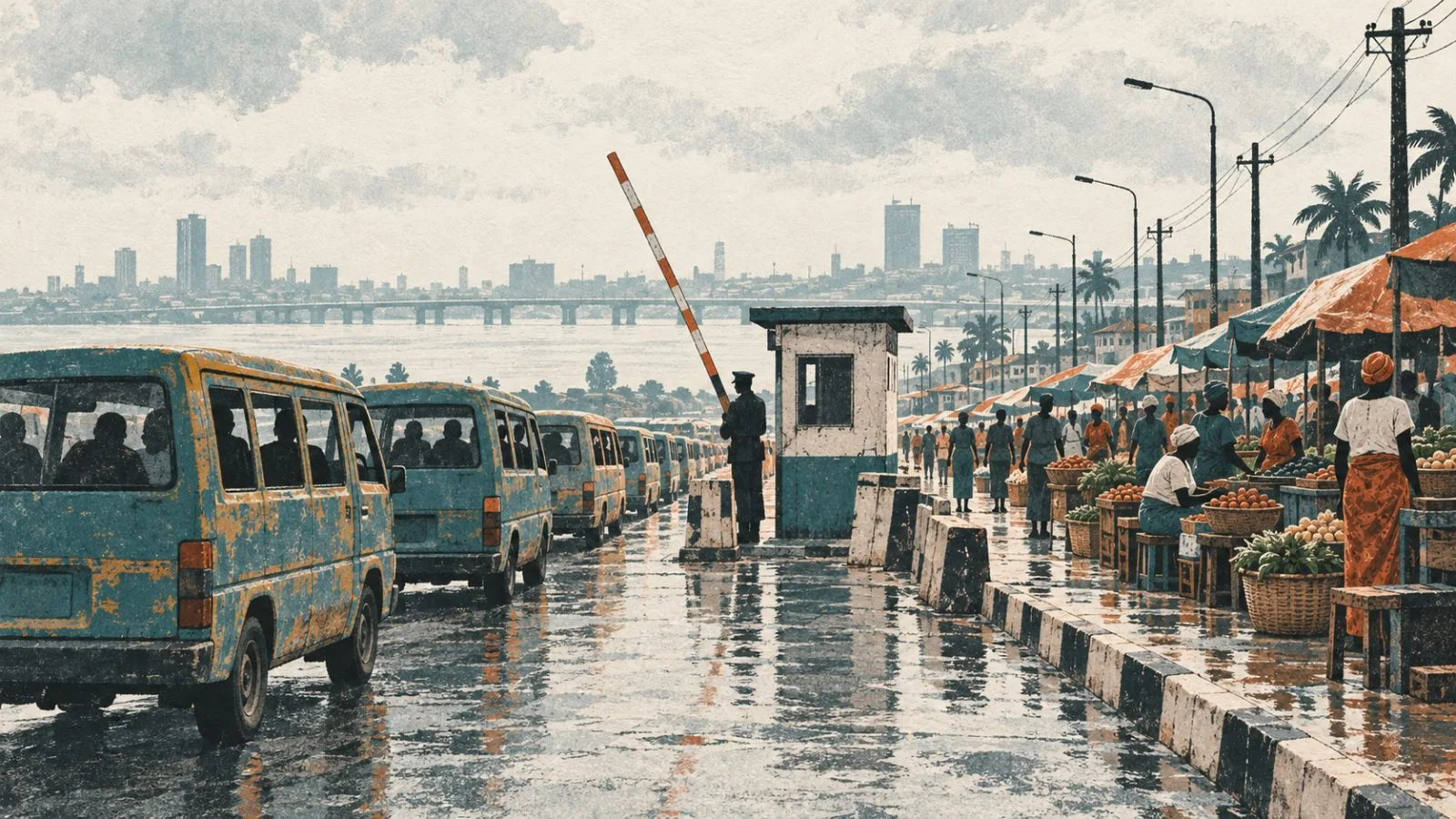 Minibuses queue beside market stalls on a Lagos, Nigeria, street in this editorial illustration. (AI-generated image / EconoTimes)