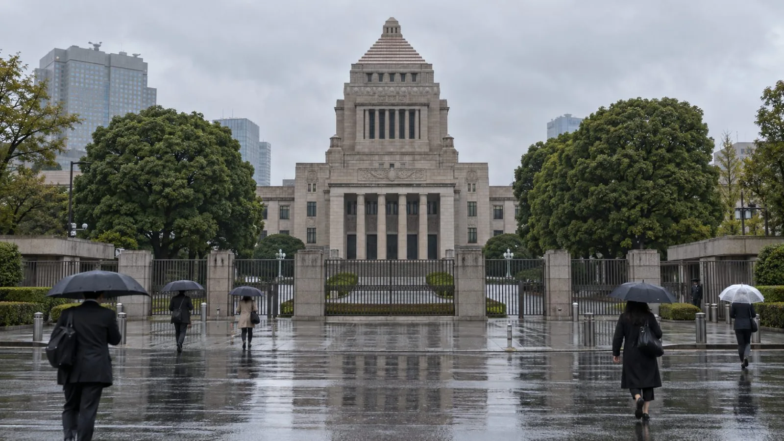 Commuters pass the National Diet building in Tokyo on an overcast afternoon (AI-generated image / EconoTimes)