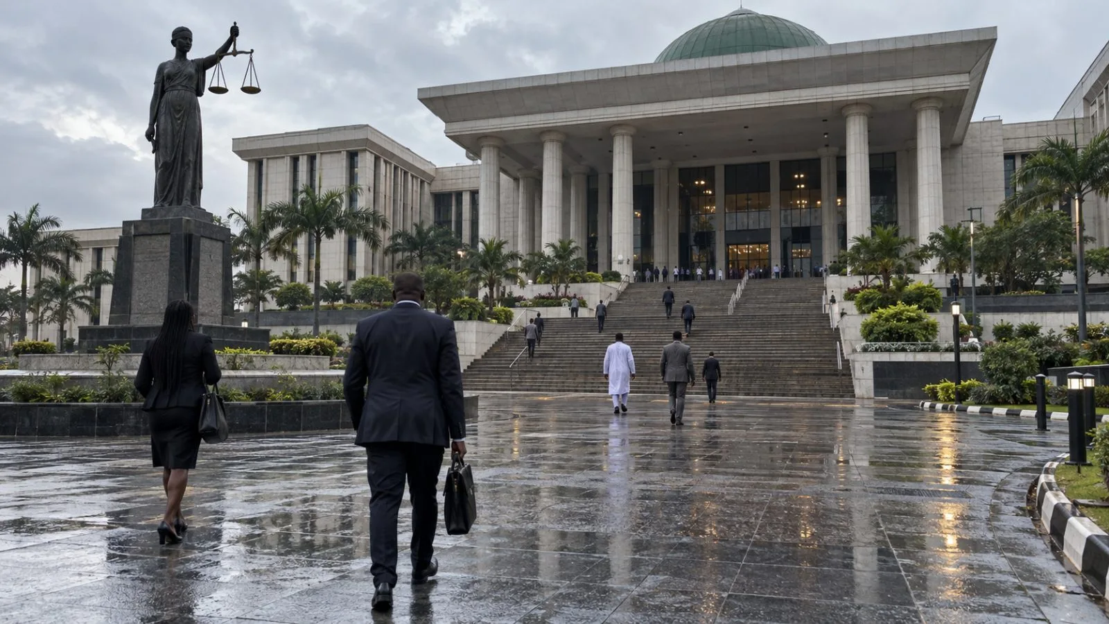Visitors cross the forecourt of the Supreme Court of Nigeria in Abuja after rain. (AI-generated image / EconoTimes)