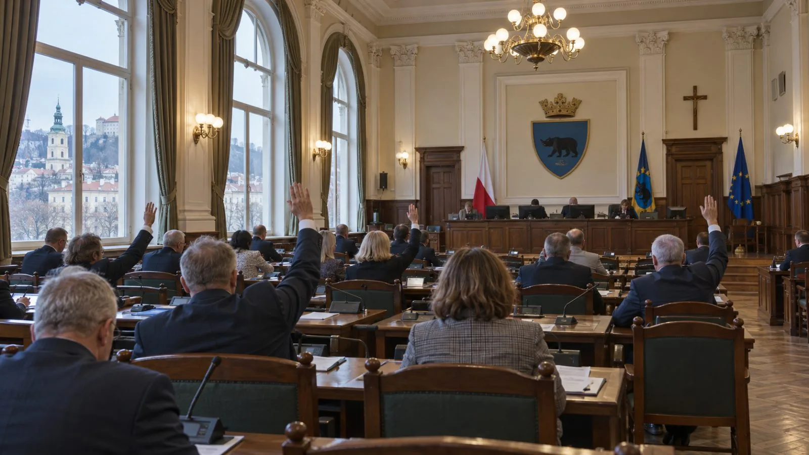 Councillors gather for a meeting inside Przemyśl City Hall in southeastern Poland. (AI-generated image / EconoTimes)
