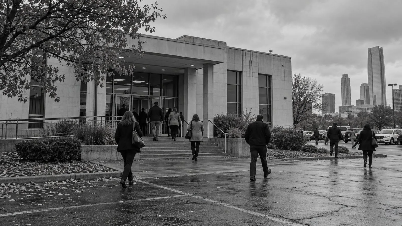 Staff members leave the Oklahoma State Election Board building in Oklahoma City. (AI-generated image / EconoTimes)