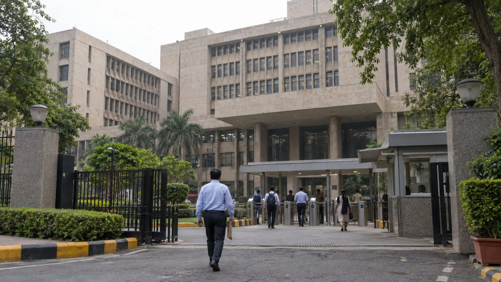Visitors enter the Employees’ State Insurance Corporation headquarters in New Delhi, India. (AI-generated image / EconoTimes)