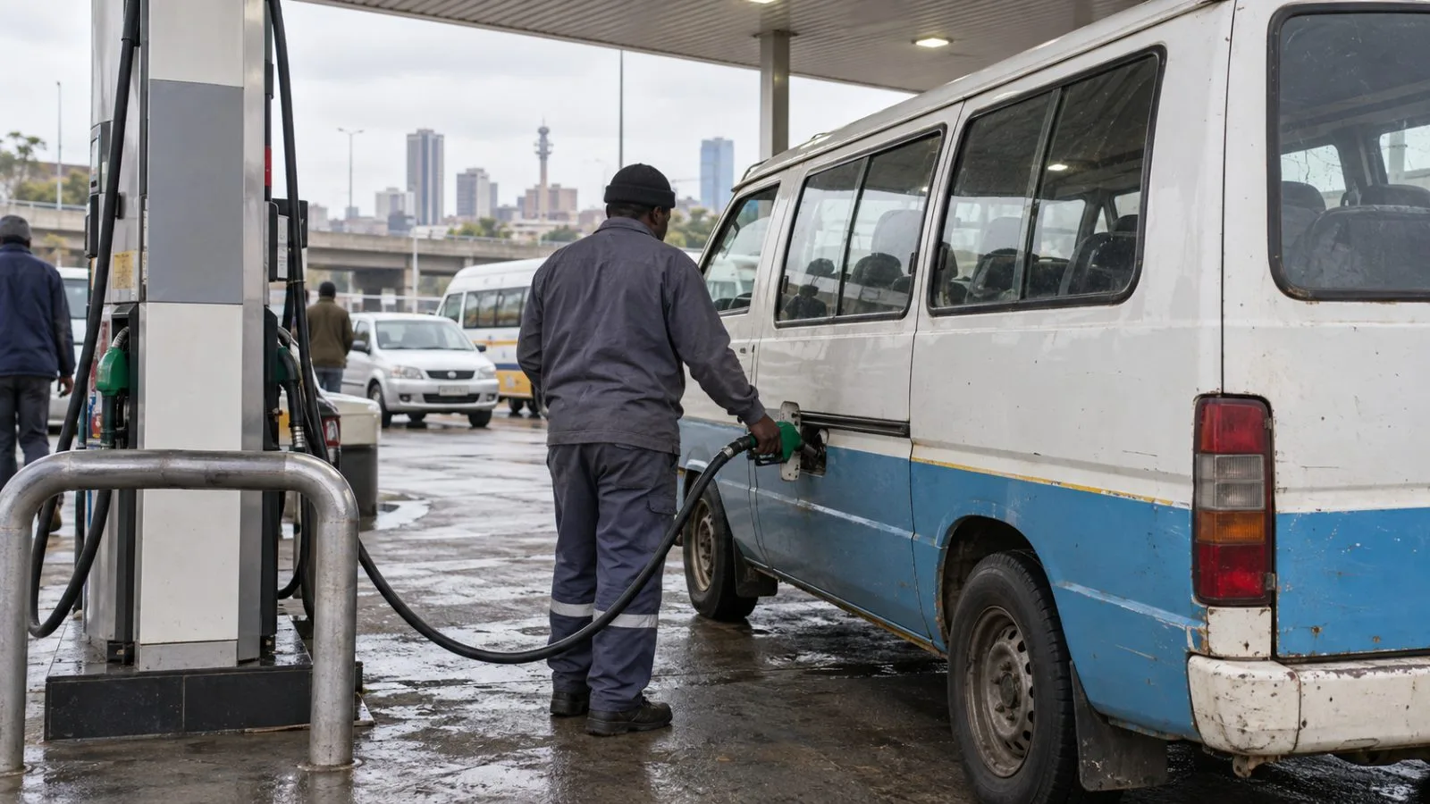 An attendant refuels a minibus taxi at a petrol station in Johannesburg, South Africa. (AI-generated image / EconoTimes)