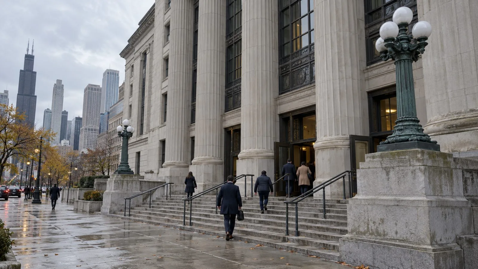 Visitors enter a federal courthouse in Chicago, Illinois, on an overcast autumn afternoon. (AI-generated image / EconoTimes)