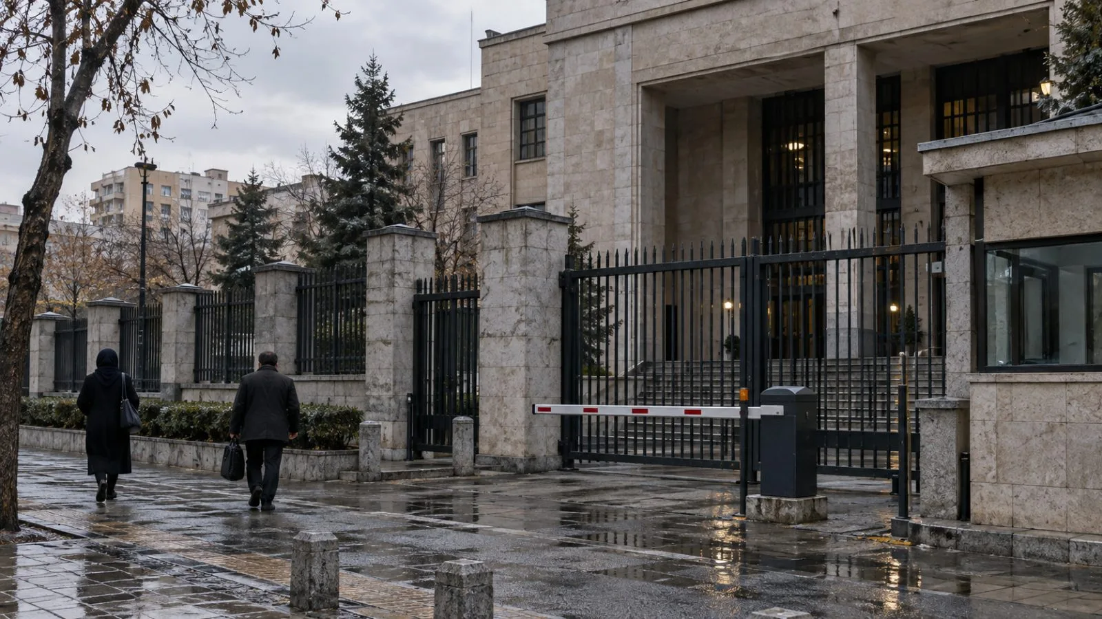 A courthouse entrance stands behind a security barrier on a Tehran, Iran, street. (AI-generated image / EconoTimes)