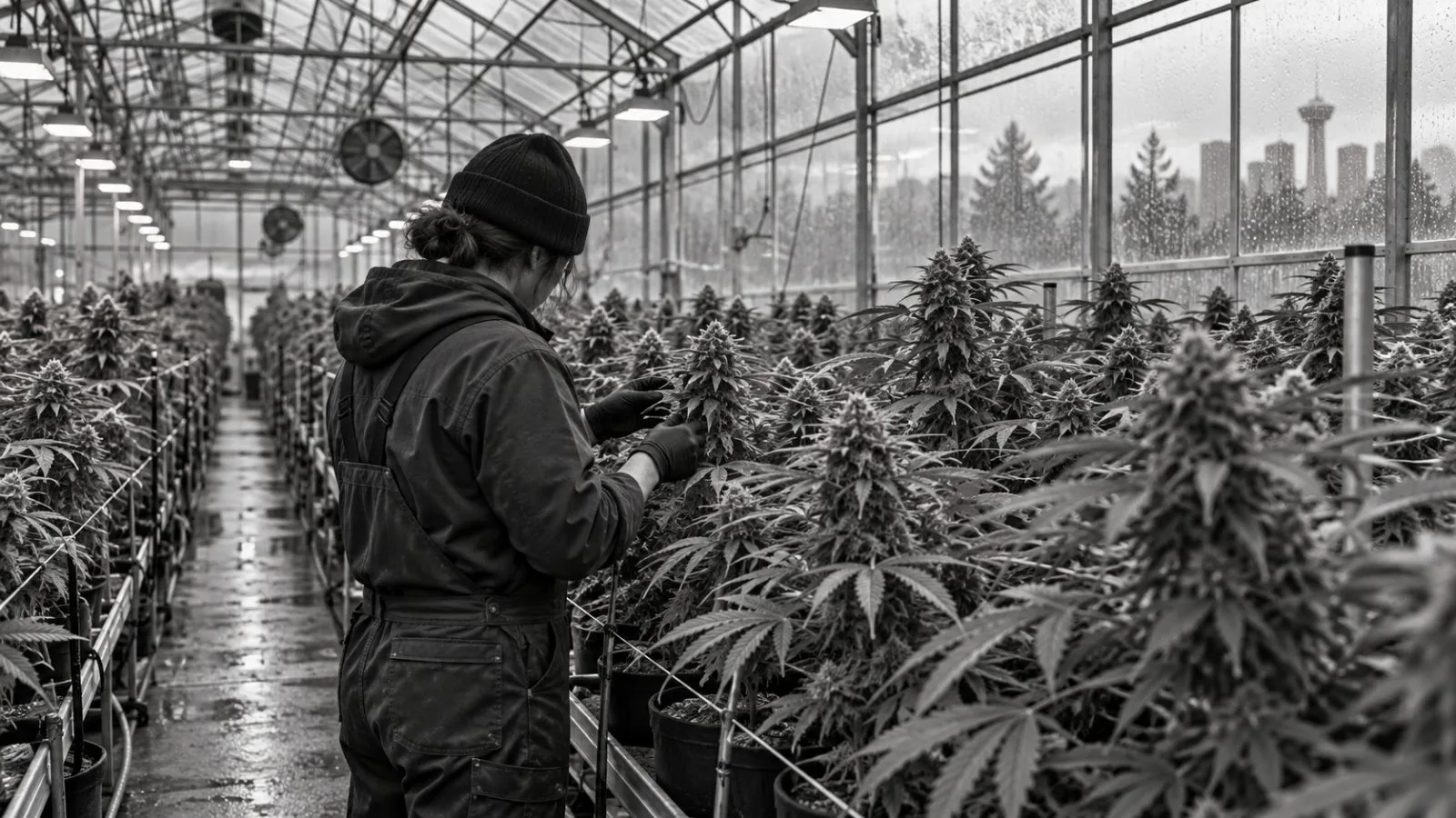 A worker inspects cannabis plants inside a cultivation facility in Calgary, Alberta. (AI-generated image / EconoTimes)