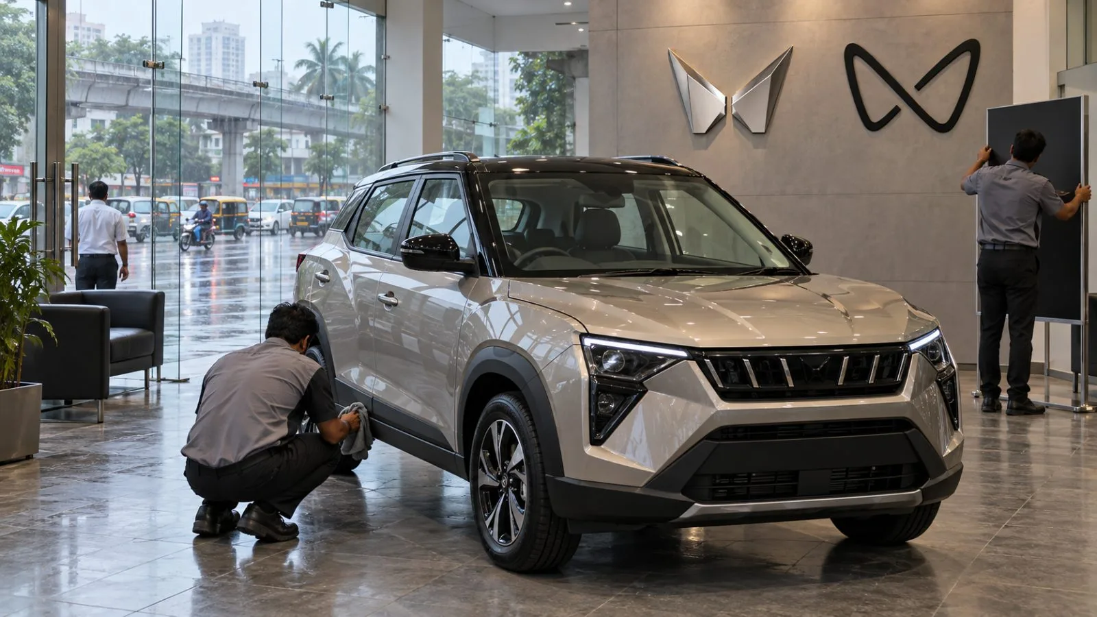 A compact sport utility vehicle is displayed inside a dealership showroom in Mumbai, India. / EconoTimes.ai
